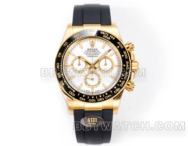 1:1复刻手表迪通拿JF厂劳力士白盘黄金4131机械橡胶表带正面实拍图