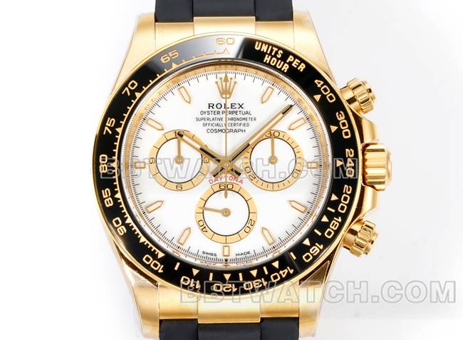 1:1复刻手表迪通拿JF厂劳力士白盘黄金4131机械橡胶表带正面实拍图