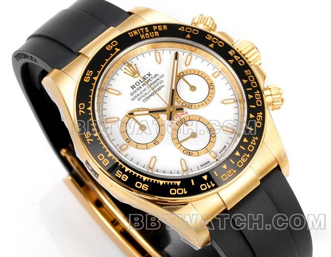 1:1复刻手表迪通拿JF厂劳力士白盘黄金4131机械橡胶表带正面实拍图