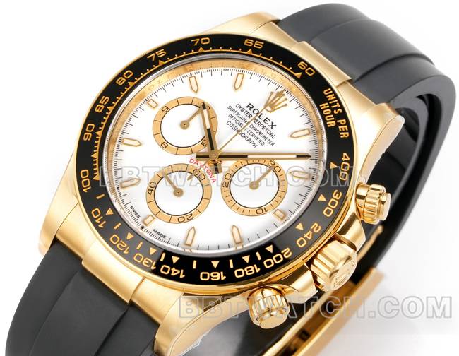 1:1复刻手表迪通拿JF厂劳力士白盘黄金4131机械橡胶表带正面实拍图