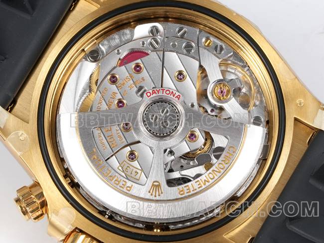 1:1复刻手表迪通拿JF厂劳力士白盘黄金4131机械橡胶表带背面实拍图