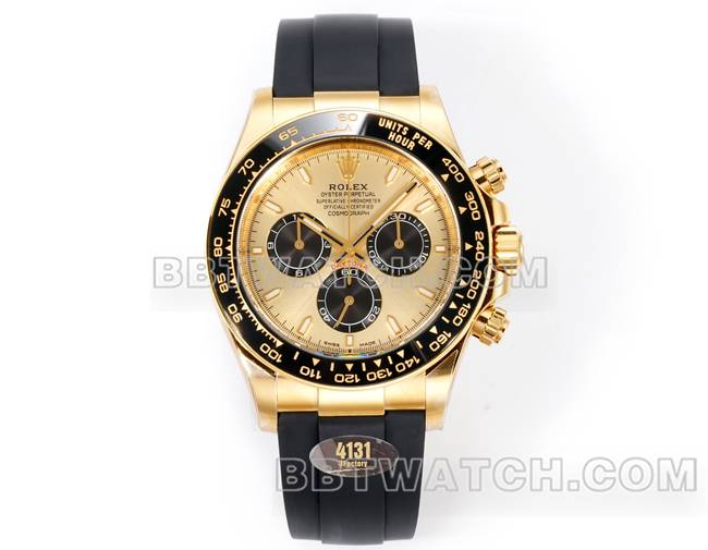 最佳复刻手表迪通拿JF厂劳力士金盘黄金壳4131机械橡胶表带正面实拍图