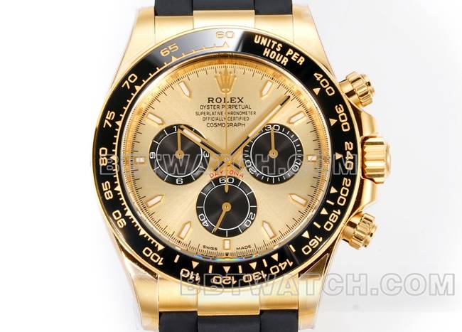 最佳复刻手表迪通拿JF厂劳力士金盘黄金壳4131机械橡胶表带正面实拍图