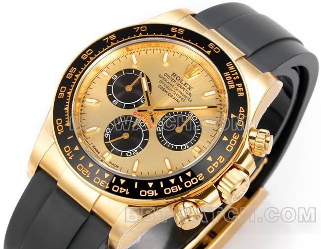 最佳复刻手表迪通拿JF厂劳力士金盘黄金壳4131机械橡胶表带正面实拍图