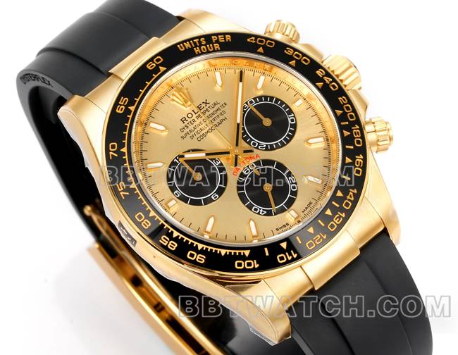 最佳复刻手表迪通拿JF厂劳力士金盘黄金壳4131机械橡胶表带正面实拍图