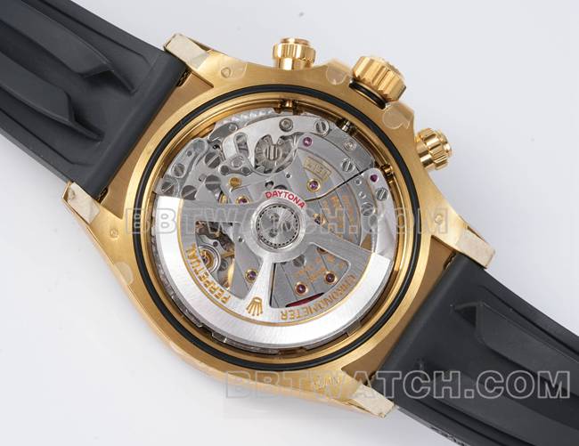 最佳复刻手表迪通拿JF厂劳力士金盘黄金壳4131机械橡胶表带背面实拍图