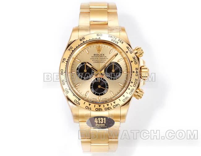 顶级复刻手表劳力士JF厂迪通拿金盘黄金壳4131机械钢带正面实拍图