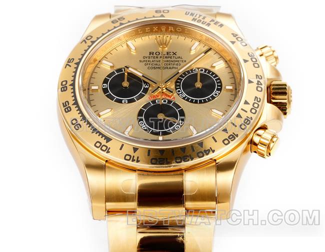 顶级复刻手表劳力士JF厂迪通拿金盘黄金壳4131机械钢带正面实拍图