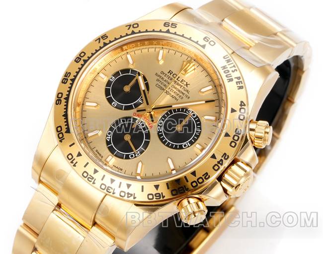 顶级复刻手表劳力士JF厂迪通拿金盘黄金壳4131机械钢带正面实拍图