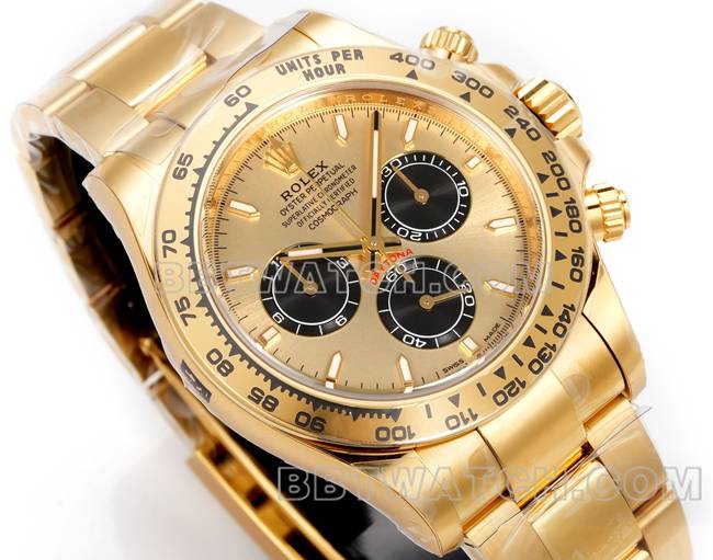 顶级复刻手表劳力士JF厂迪通拿金盘黄金壳4131机械钢带正面实拍图