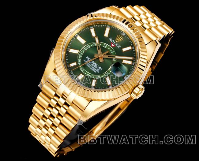 AR+厂最优复刻手表劳力士纵航者绿盘机械黄金钢表带正面实拍图