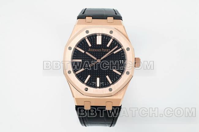 最优复刻手表皇家橡树DDF厂爱彼黑盘玫瑰金4302机械皮革表带15510正面实拍图