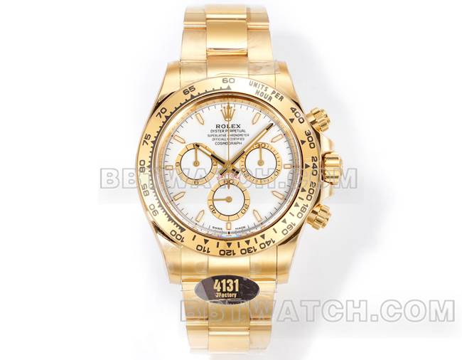 最优复刻手表劳力士JF厂迪通拿白盘黄金壳4131机械钢带正面实拍图