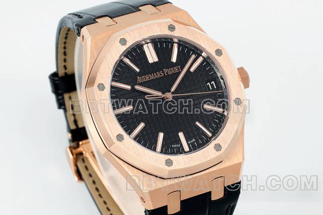 最优复刻手表皇家橡树DDF厂爱彼黑盘玫瑰金4302机械皮革表带15510正面实拍图