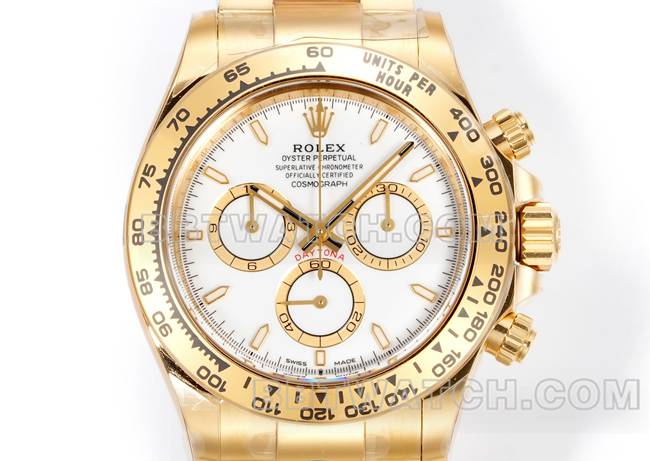 最优复刻手表劳力士JF厂迪通拿白盘黄金壳4131机械钢带正面实拍图