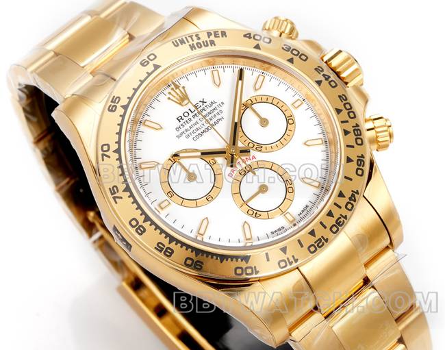 最优复刻手表劳力士JF厂迪通拿白盘黄金壳4131机械钢带正面实拍图