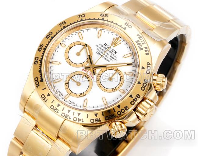 最优复刻手表劳力士JF厂迪通拿白盘黄金壳4131机械钢带正面实拍图