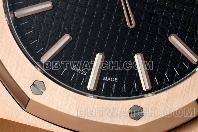 最优复刻手表皇家橡树DDF厂爱彼黑盘玫瑰金4302机械皮革表带15510正面实拍图