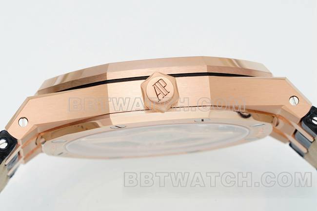 最优复刻手表皇家橡树DDF厂爱彼黑盘玫瑰金4302机械皮革表带15510侧面实拍图