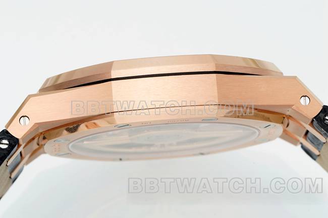 最优复刻手表皇家橡树DDF厂爱彼黑盘玫瑰金4302机械皮革表带15510侧面实拍图