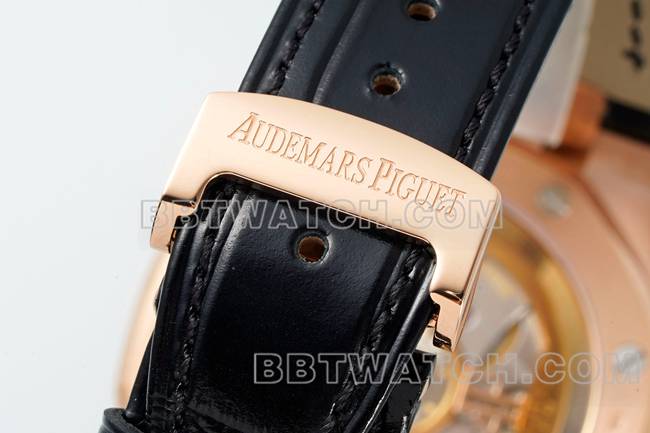 最优复刻手表皇家橡树DDF厂爱彼黑盘玫瑰金4302机械皮革表带15510表带实拍图