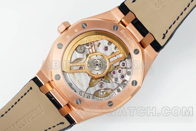 最优复刻手表皇家橡树DDF厂爱彼黑盘玫瑰金4302机械皮革表带15510背面实拍图