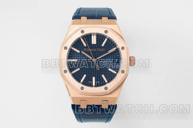 1:1复刻手表皇家橡树DDF厂爱彼蓝盘玫瑰金4302机械皮革表带15510正面实拍图
