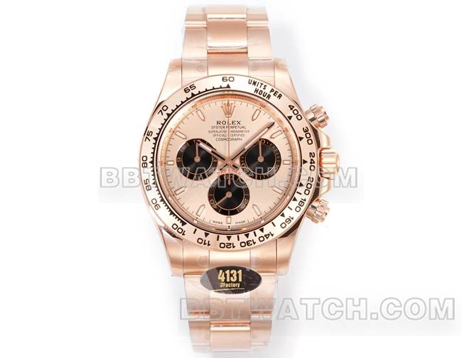 1:1复刻手表劳力士JF厂迪通拿玫瑰金盘玫瑰金壳4131机械钢带正面实拍图