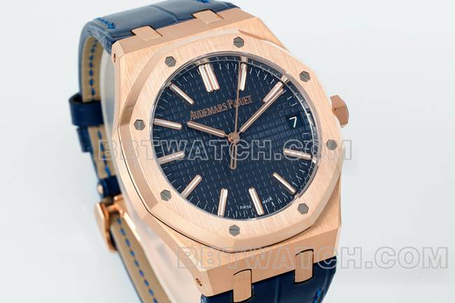 1:1复刻手表皇家橡树DDF厂爱彼蓝盘玫瑰金4302机械皮革表带15510正面实拍图