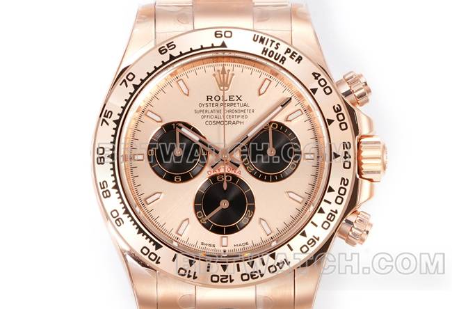 1:1复刻手表劳力士JF厂迪通拿玫瑰金盘玫瑰金壳4131机械钢带正面实拍图