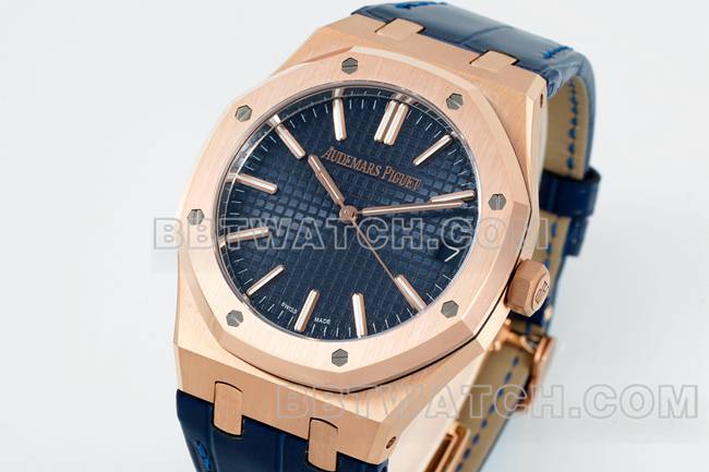 1:1复刻手表皇家橡树DDF厂爱彼蓝盘玫瑰金4302机械皮革表带15510正面实拍图