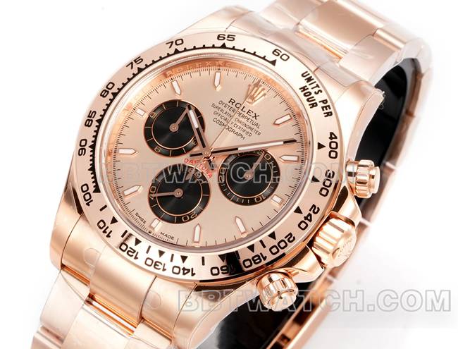 1:1复刻手表劳力士JF厂迪通拿玫瑰金盘玫瑰金壳4131机械钢带正面实拍图