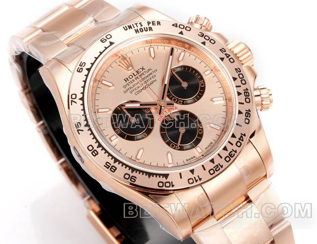 1:1复刻手表劳力士JF厂迪通拿玫瑰金盘玫瑰金壳4131机械钢带正面实拍图