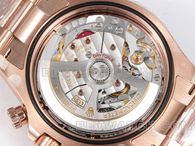 1:1复刻手表劳力士JF厂迪通拿玫瑰金盘玫瑰金壳4131机械钢带背面实拍图