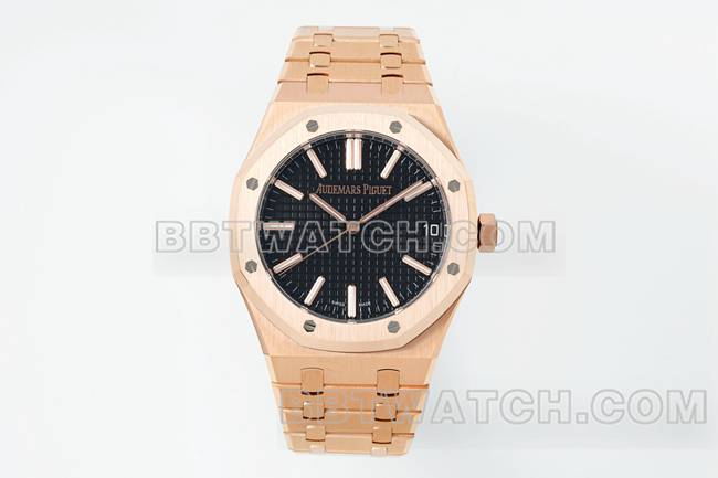 超级克隆手表DDF厂爱彼皇家橡树黑盘玫瑰金4302机械15510正面实拍图