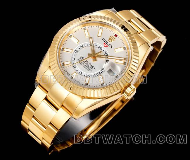 AR+厂超级克隆手表纵航者劳力士白盘机械黄金钢表带正面实拍图