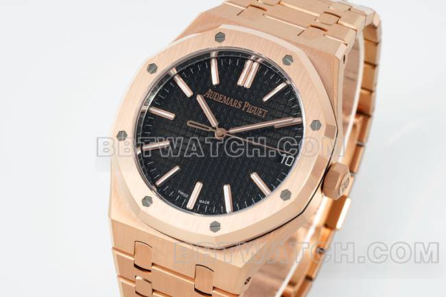 超级克隆手表DDF厂爱彼皇家橡树黑盘玫瑰金4302机械15510正面实拍图