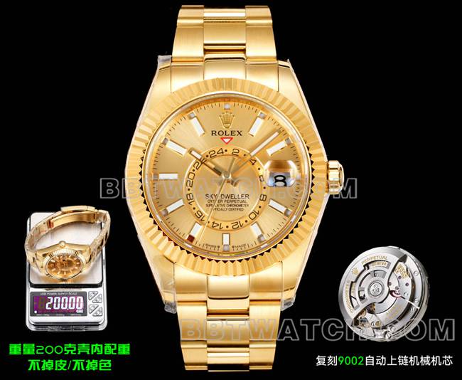 AR+厂顶级复刻手表劳力士纵航者金盘机械黄金钢表带正面实拍图