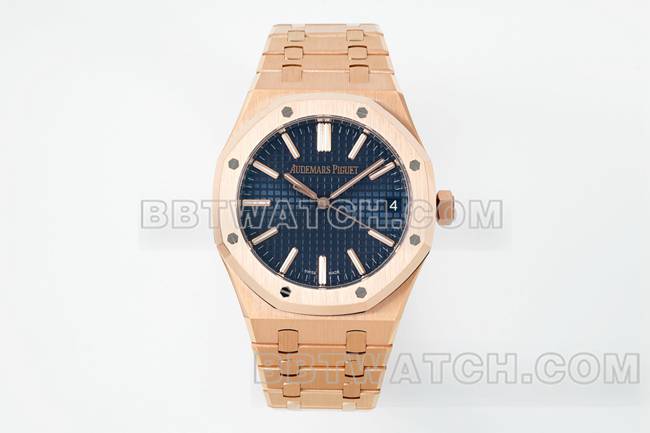 最佳复刻手表DDF厂爱彼皇家橡树蓝盘玫瑰金4302机械15510正面实拍图