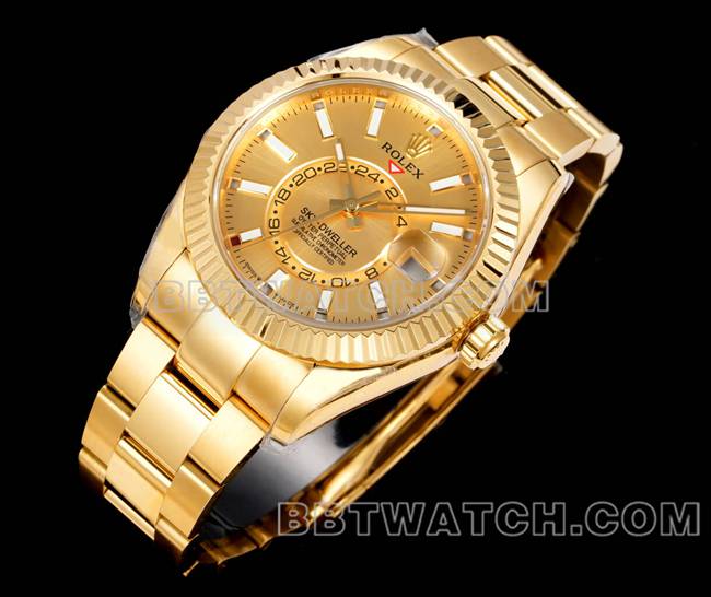 AR+厂顶级复刻手表劳力士纵航者金盘机械黄金钢表带正面实拍图