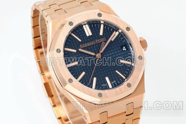 最佳复刻手表DDF厂爱彼皇家橡树蓝盘玫瑰金4302机械15510正面实拍图