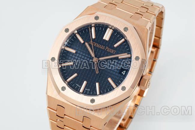 最佳复刻手表DDF厂爱彼皇家橡树蓝盘玫瑰金4302机械15510正面实拍图