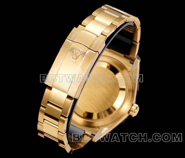 AR+厂顶级复刻手表劳力士纵航者金盘机械黄金钢表带实拍图