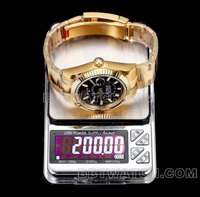 AR+厂1:1复刻手表劳力士纵航者黑盘机械黄金钢表带重量实拍图