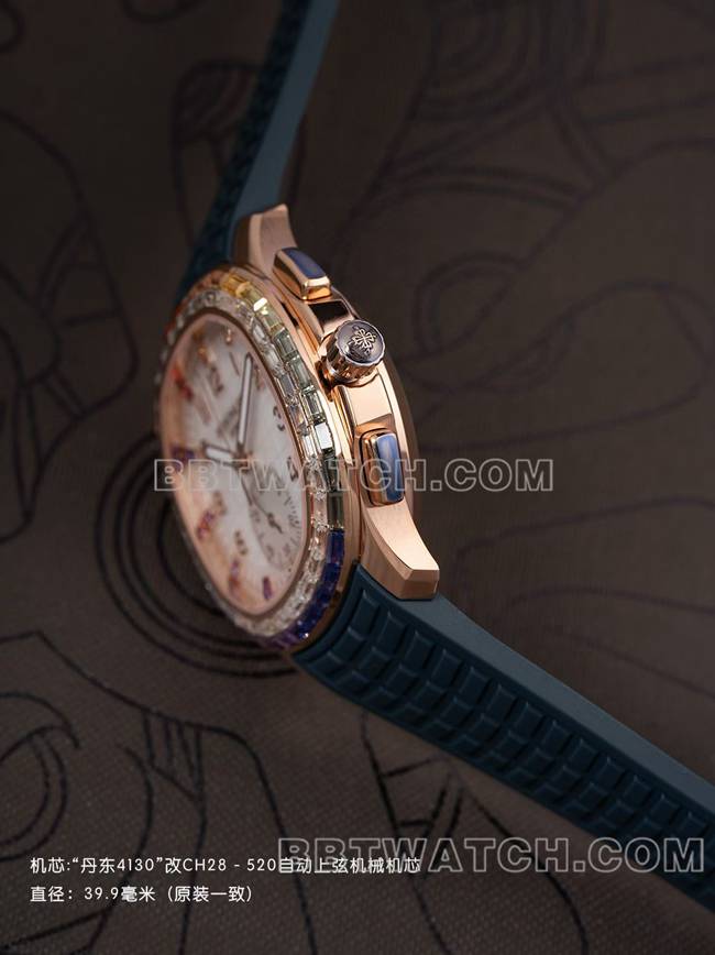 顶级复刻手表PPM厂百达翡丽Aquanaut机械蓝色橡胶表带侧面实拍图