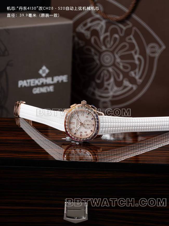 最优复刻手表PPM厂百达翡丽Aquanaut机械白色橡胶表带正面实拍图