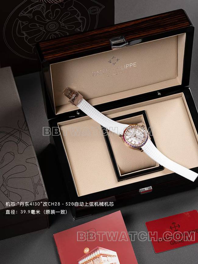 最优复刻手表PPM厂百达翡丽Aquanaut机械白色橡胶表带正面实拍图