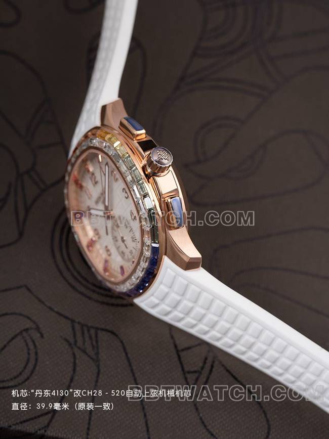 最优复刻手表PPM厂百达翡丽Aquanaut机械白色橡胶表带侧面实拍图