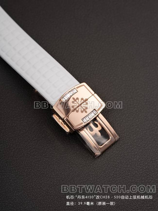 最优复刻手表PPM厂百达翡丽Aquanaut机械白色橡胶表带表扣实拍图