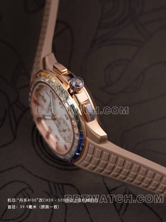 1:1复刻手表PPM厂百达翡丽Aquanaut机械浅棕色橡胶表带侧面实拍图